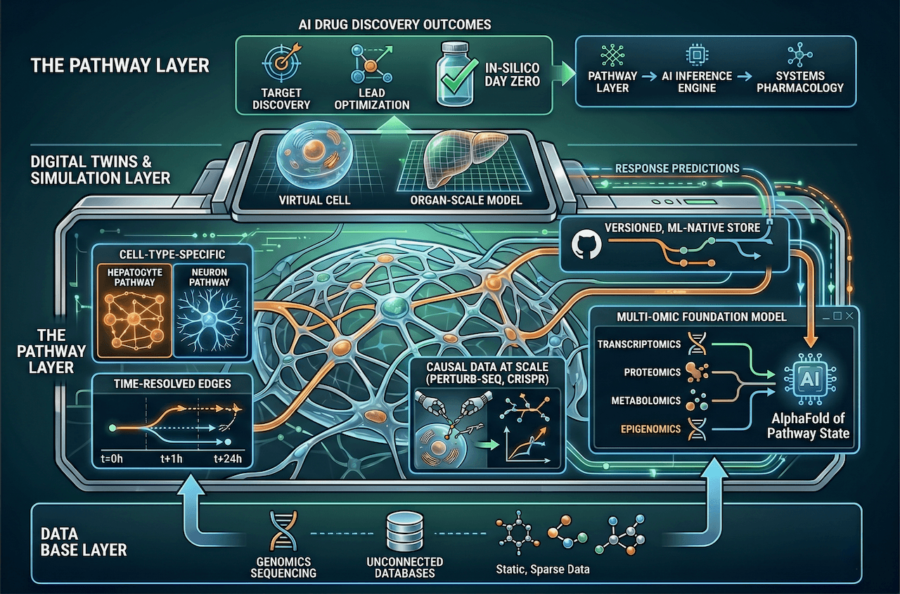 Stack diagram showing the four layers AI drug discovery depends on: a data base layer of genomic, clinical, and experimental data; a pathway layer with cell-type-specific and time-resolved edges; a digital twins and simulation layer with virtual cells and organ-scale models; and AI drug discovery outcomes including target discovery, lead optimization, and in-silico Day Zero success. On the right, a multi-omic foundation model functions as an AlphaFold of pathway state.