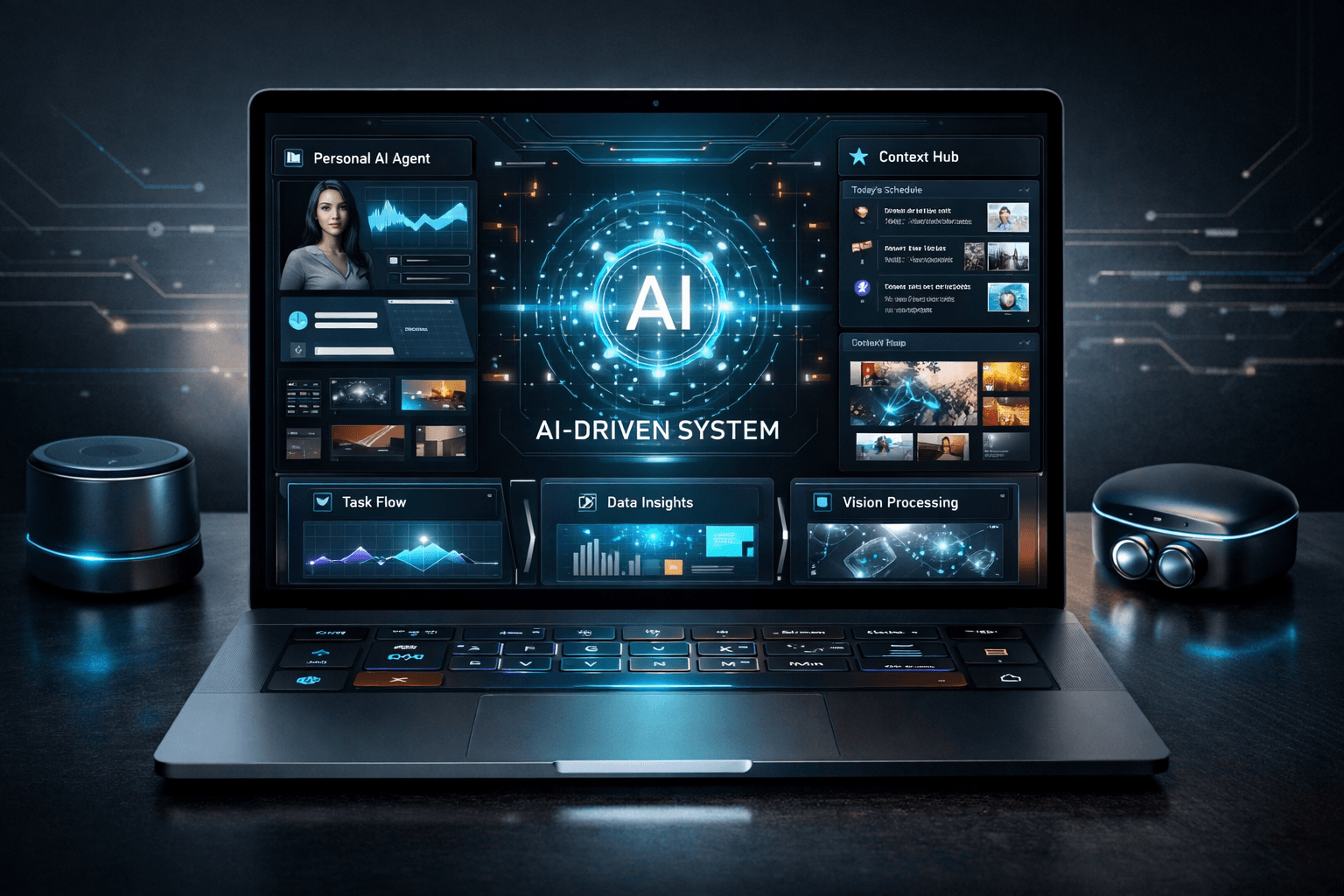 Concept render of an intelligence-era laptop with a Personal AI Agent panel, Context Hub, Task Flow, Data Insights, and Vision Processing surfaces — illustrating a device redesigned around agents instead of windows and files