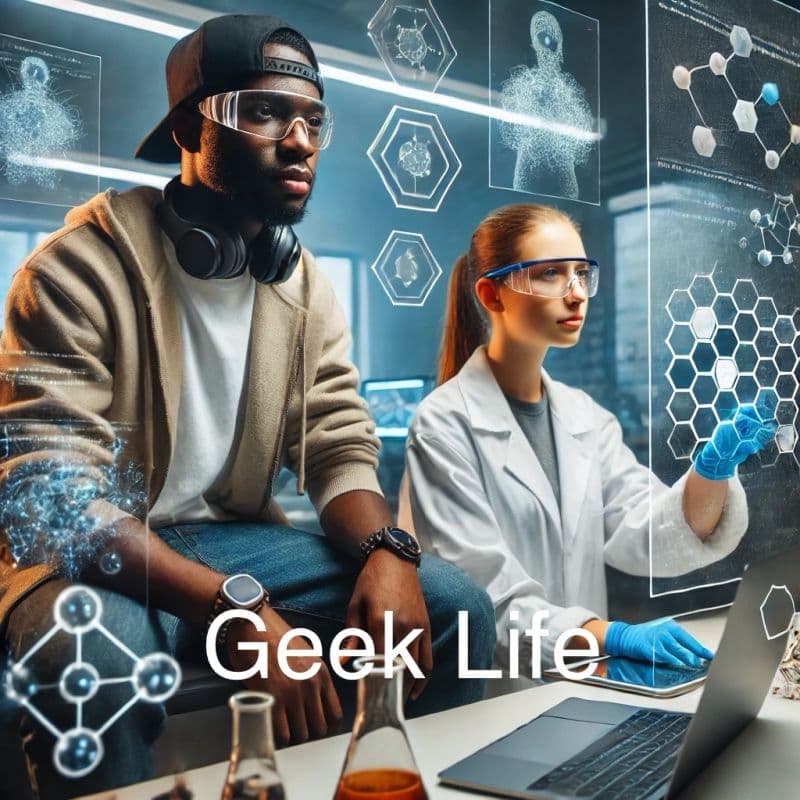 Two professionals in a futuristic lab — a tech-styled figure in a cap and headphones sitting next to a scientist in a white coat and safety glasses — surrounded by holographic molecular structures, AI visualizations, and flasks on a workbench, with the words 'Geek Life' across the image
