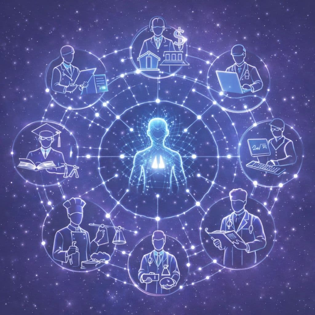 Network diagram showing AI at the center connected to professionals across industries — finance, healthcare, law, engineering, education, and culinary — illustrating the vertical specialization of AI products