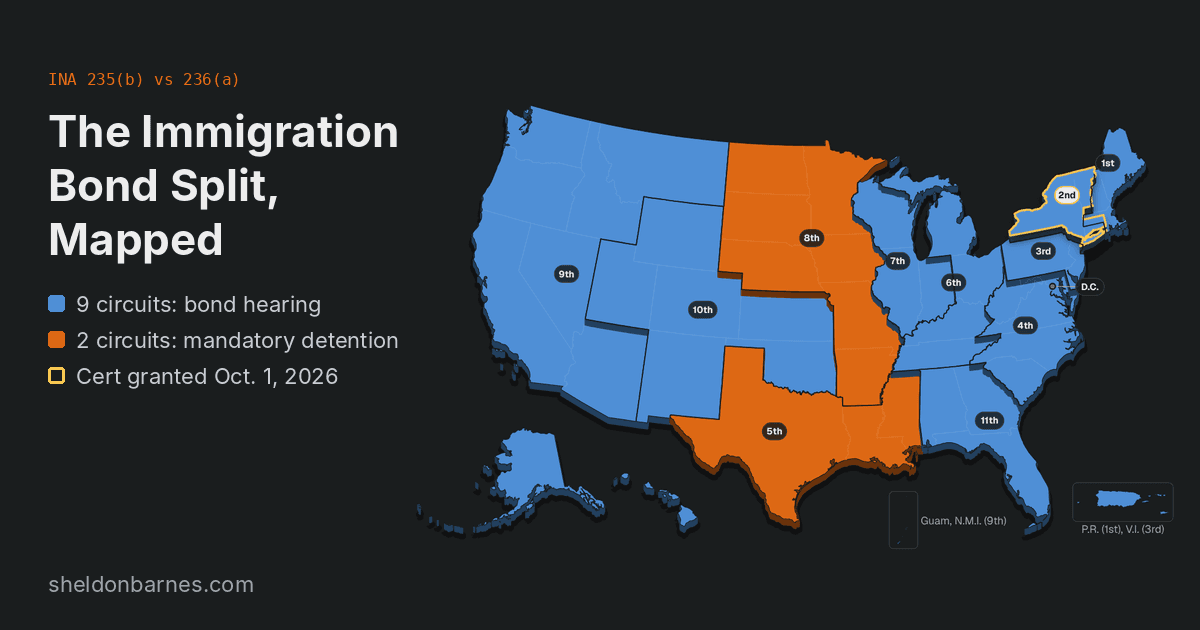 Map of the United States divided into federal judicial circuits, with nine circuits in blue for bond hearing available, the Fifth and Eighth in orange for mandatory detention upheld, and the Second Circuit outlined in gold for certiorari granted