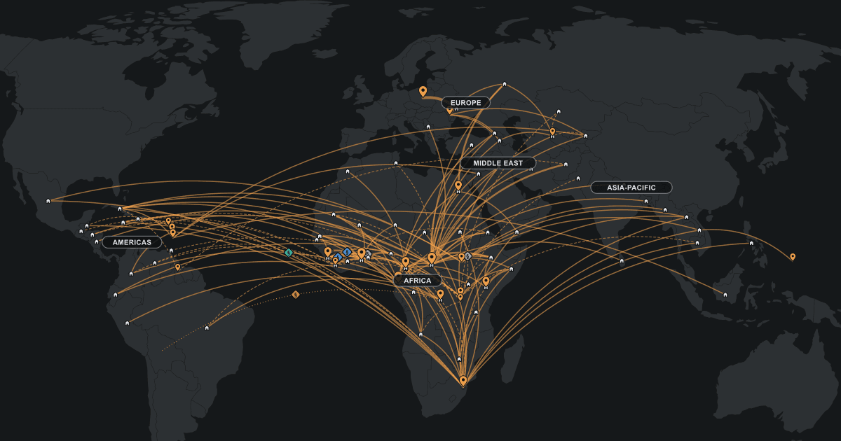 A dark world map with orange arcs fanning out from home countries to the third countries that received people, most lines converging on Africa, with continents labeled.