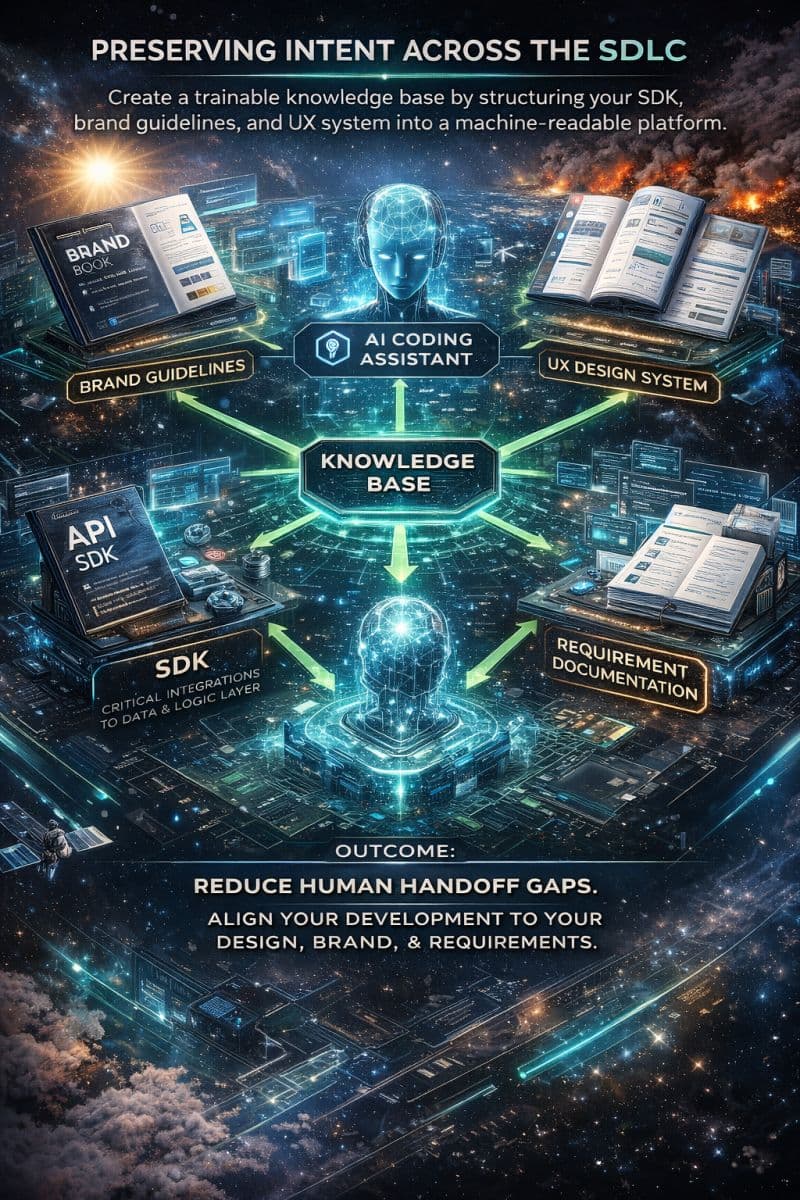 Diagram showing how brand guidelines, UX design system, SDK, and requirement documentation feed into a central knowledge base that an AI coding assistant draws on, with the outcome of reducing human handoff gaps and aligning development to design, brand, and requirements