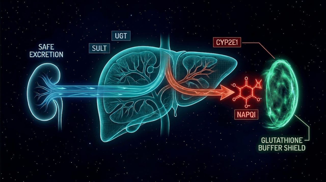 Sci-fi blueprint diagram of a liver with three enzymatic pathways — UGT and SULT carrying acetaminophen safely to the kidney for excretion, and CYP2E1 producing toxic NAPQI that is neutralized by a glowing green glutathione buffer shield