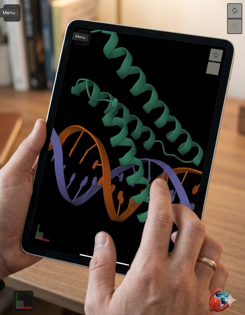 Hands interacting with the molecule viewer on a tablet, showing a green protein helix bound to a purple-and-orange DNA double helix rendered from an OpenFold3 prediction