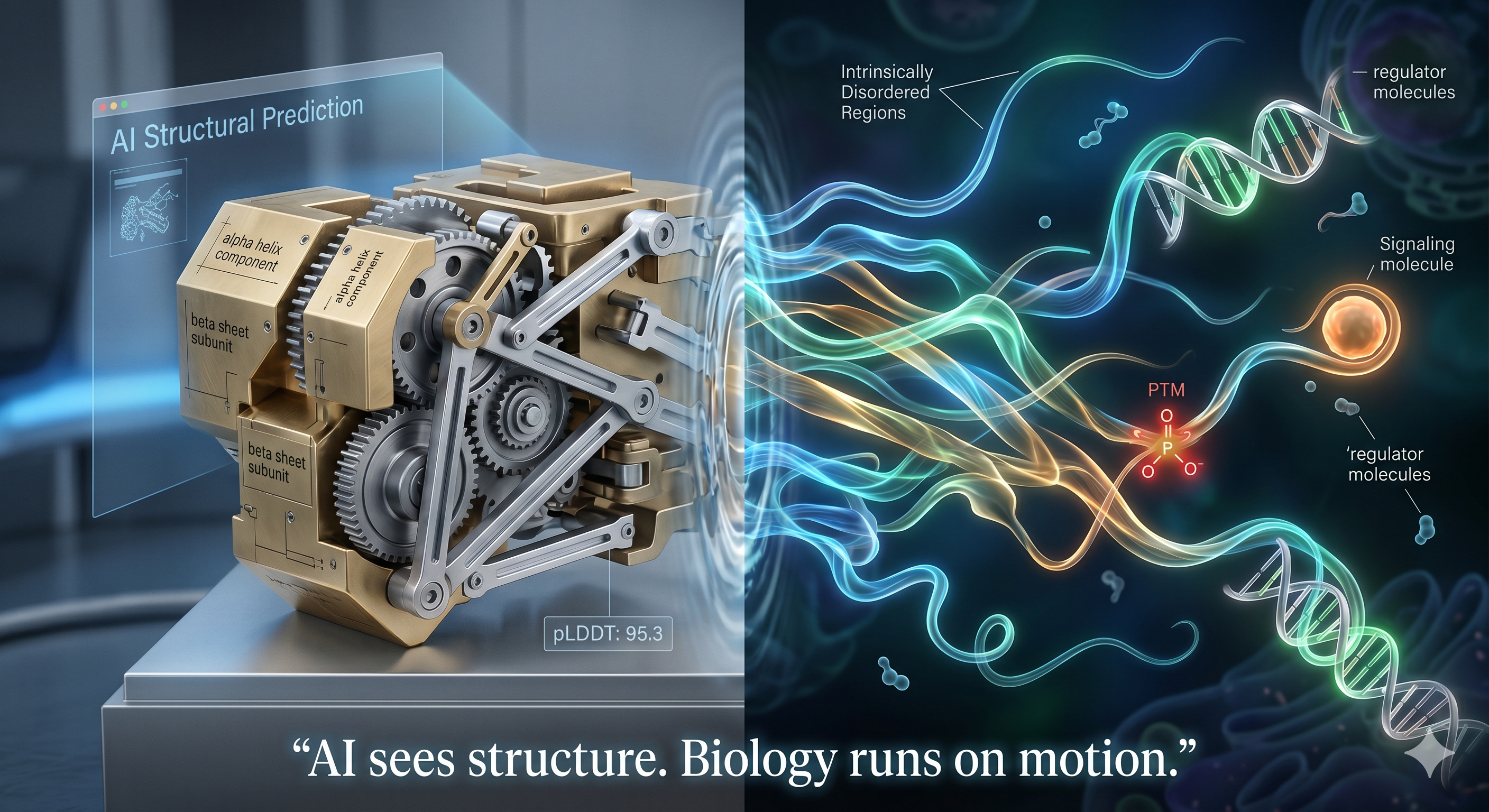 AI sees structure on the left as rigid clockwork gears; biology on the right runs on motion — disordered regions, signaling molecules, and post-translational modifications flowing around DNA