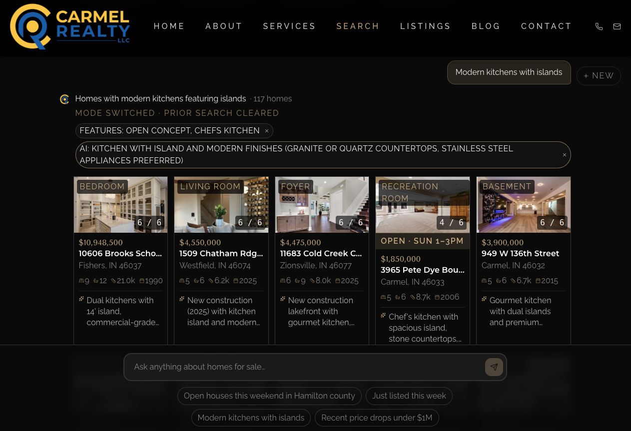 Carmel Realty AI search in Photos mode. The query 'Modern kitchens with islands' returns a horizontal wall of kitchen photos from different listings, each card auto-rotating through additional kitchen angles within the same home, with AI feature concepts shown above the results.